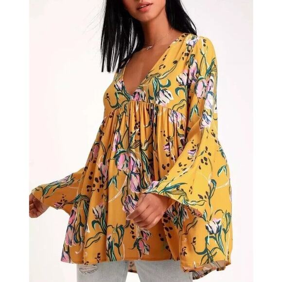 Free People Bella Floral Print Empire Tunic Top Golden Yellow Sz Small Boho - Picture 1 of 9
